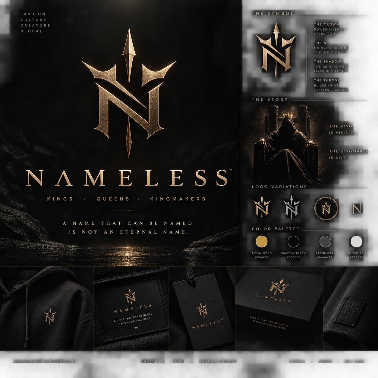 NAMELESS brand concept board with clothing and packaging
