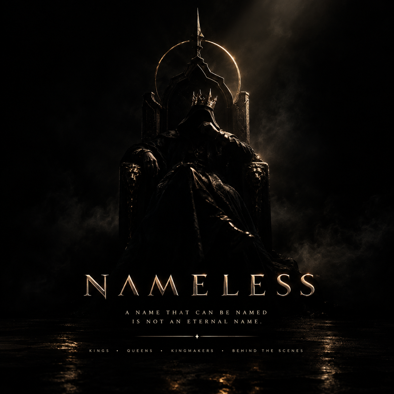 NAMELESS campaign concept: an anonymous crowned figure sitting on a throne in darkness